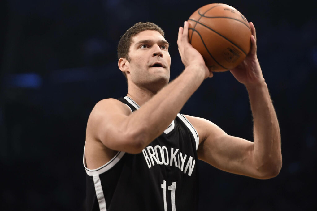 Brook Lopez Brooklyn Nets free throw action black jersey intense basketball skill wallpaper