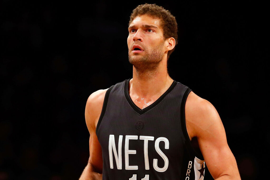 Brook Lopez Brooklyn Nets intense focused gaze black jersey dark background NBA wallpaper
