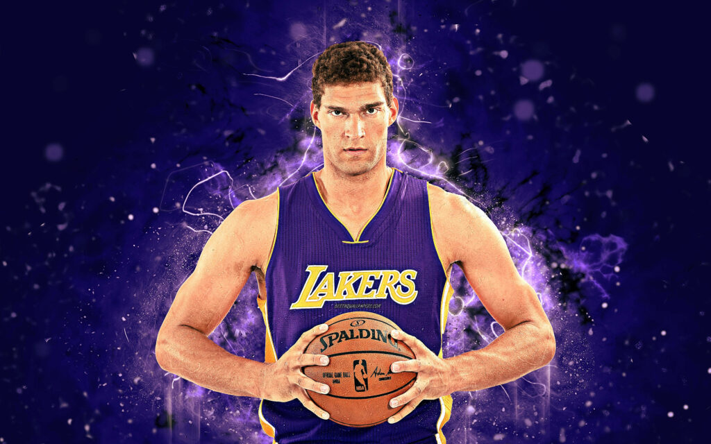 Dynamic Brook Lopez digital portrait in vibrant Lakers jersey on purple black abstract background Wallpaper
