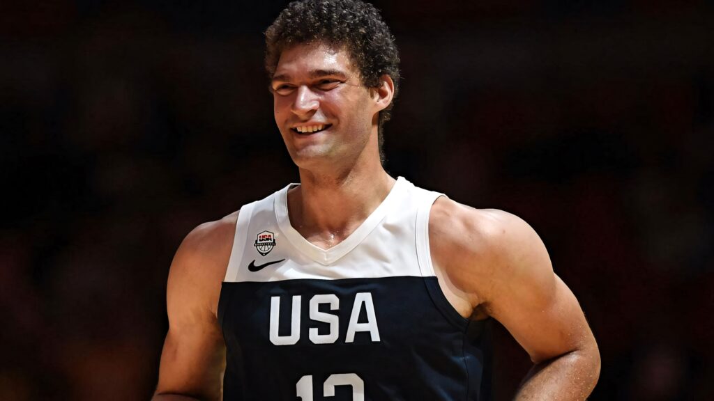 High-resolution Brook Lopez Team USA wallpaper black and white jersey number 12 athletic build