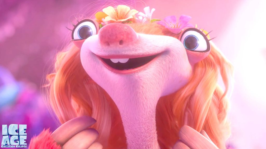 Brooke ground sloth from Ice Age with pink orange fur and flower crown in magenta light Wallpaper