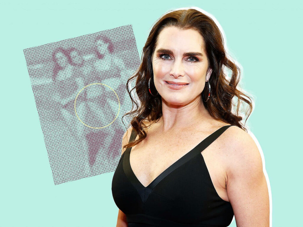 Brooke Shields portrait with brunette hair black dress pastel retro collage wallpaper background