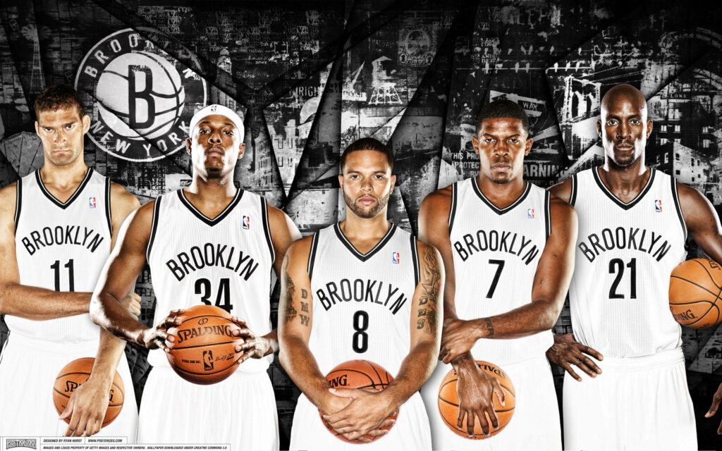 Brooklyn Nets players in white jerseys with urban backdrop and team logo intense basketball energy Wallpaper