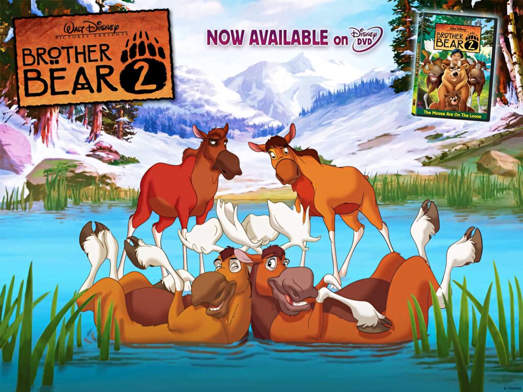 Brother Bear 2 wallpaper with Tuke Rutt Kata Anda in vibrant alpine landscape and snowy mountains