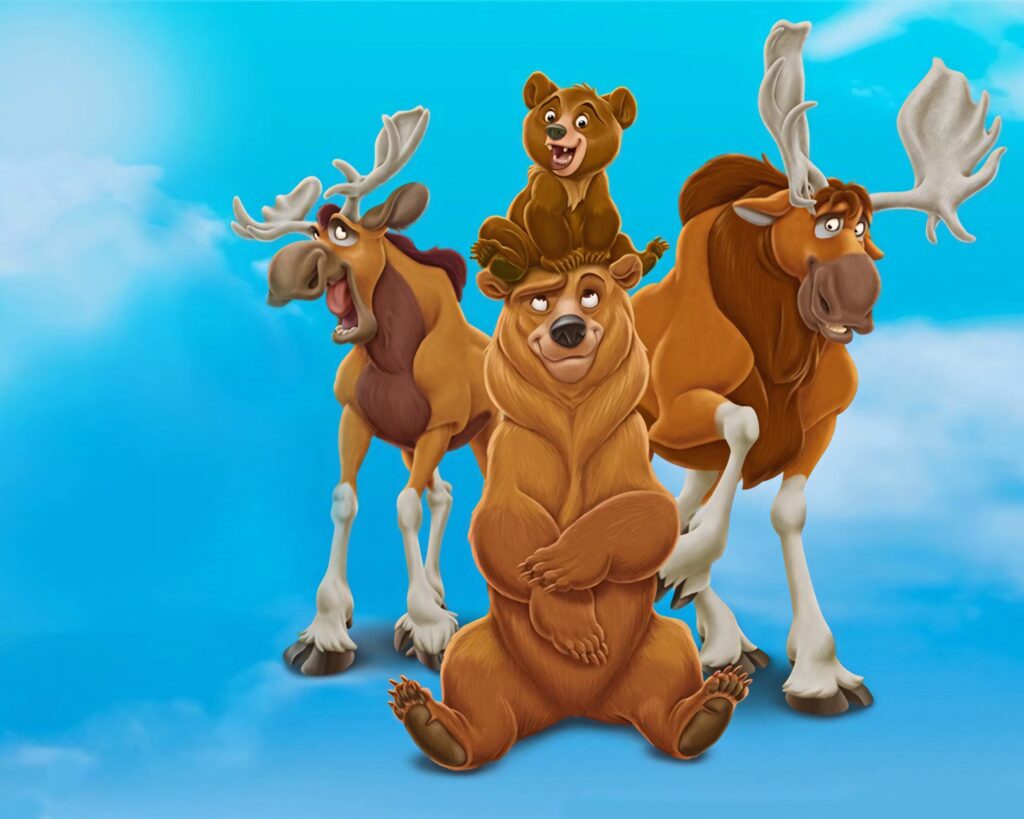 Brother Bear wallpaper Kenai large bear Koda on head Rutt and Tuke moose brothers blue sky