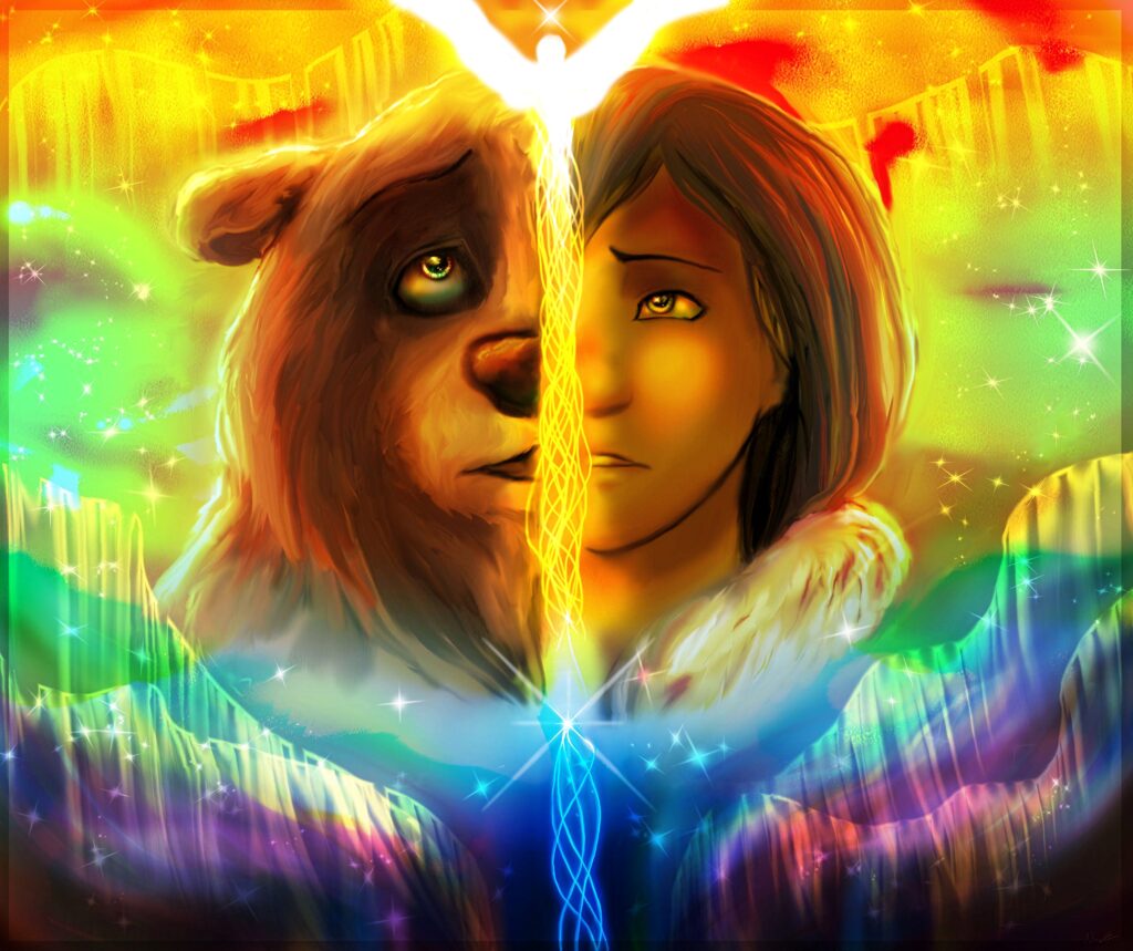 Brother Bear Kenai split human and bear forms with glowing spirit and colorful northern lights wallpaper