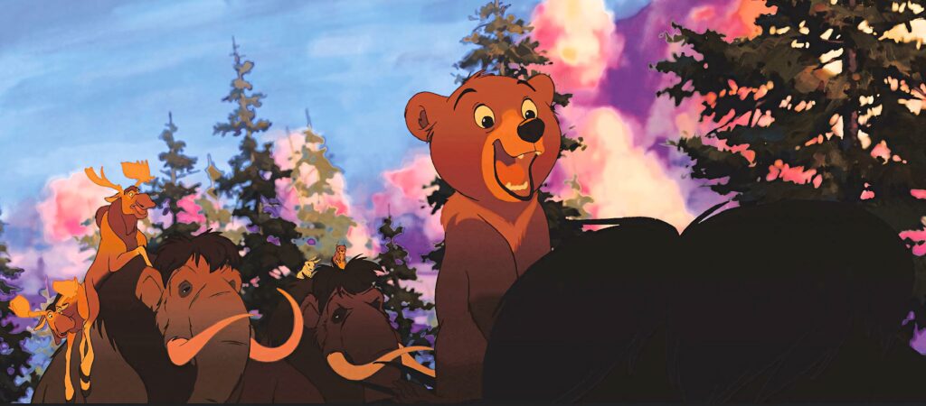 Brother Bear Mammoth Ride wallpaper showing Kenai and Koda riding mammoths at sunset forest