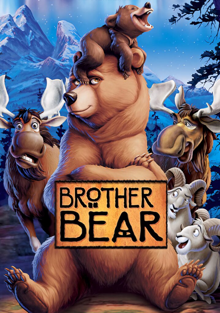 Brother Bear movie poster with Kenai Koda Rutt Tuke Denahi Sitka in vibrant forest and mountains Wallpaper