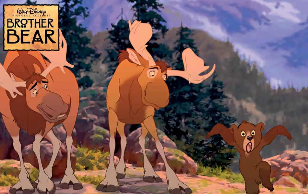 Brother Bear wallpaper with Rutt and Tuke moose and bear cub Koda in colorful mountain forest