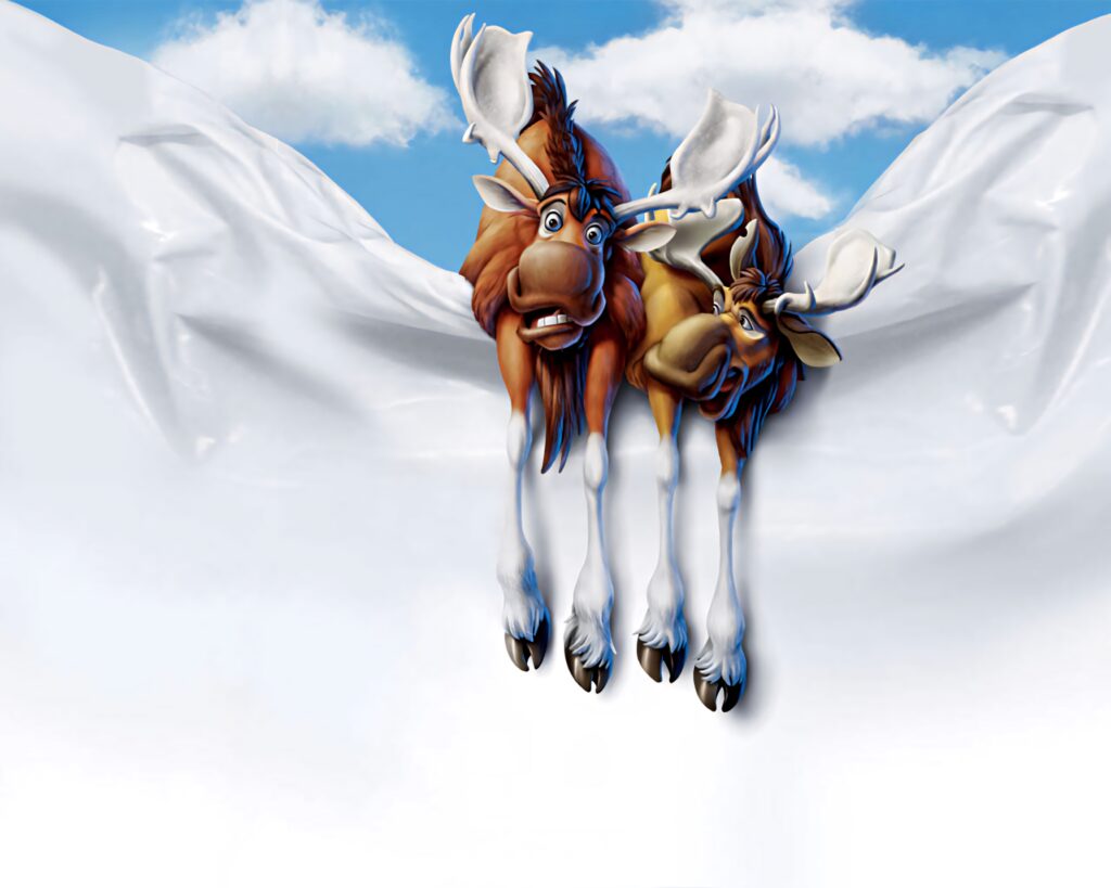 Brother Bear Rutt and Tuke lounging on snowy ledge blue sky clouds animated moose wallpaper
