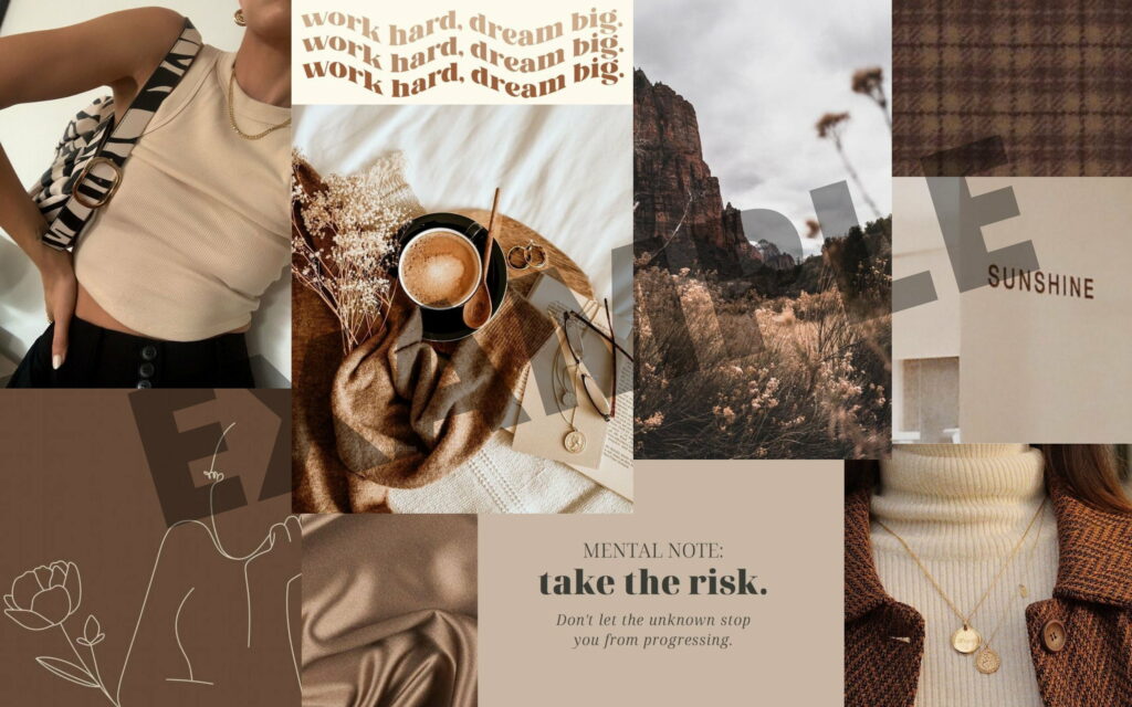 Brown aesthetic collage wallpaper with cozy vibes inspirational quotes and serene landscapes