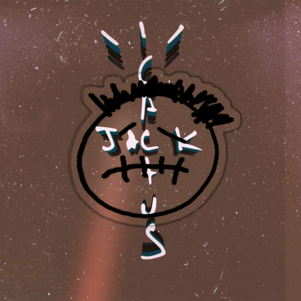 Brown wallpaper with black Cactus Jack Travis Scott face logo and creative text design