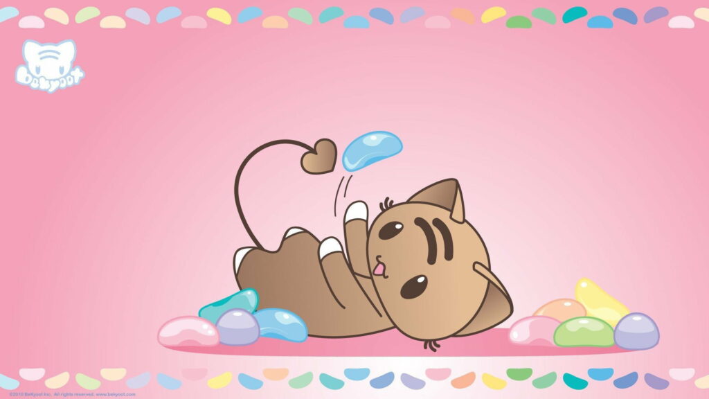 Playful brown kawaii cat with colorful jelly beans on bright pink candy border background Wallpaper
