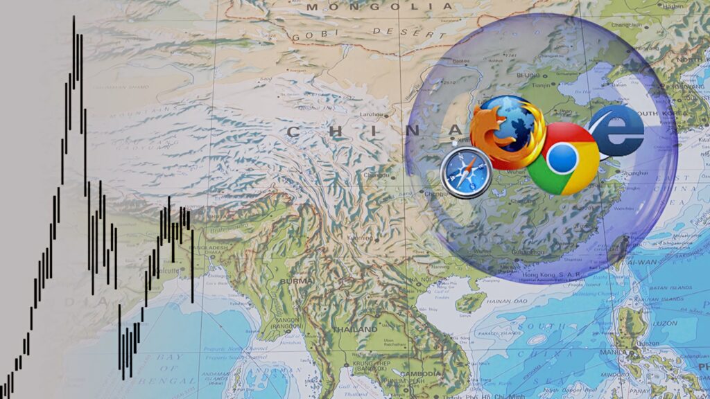 Browsers in a bubble wallpaper with Chrome Firefox Safari and Internet Explorer over East Asia map