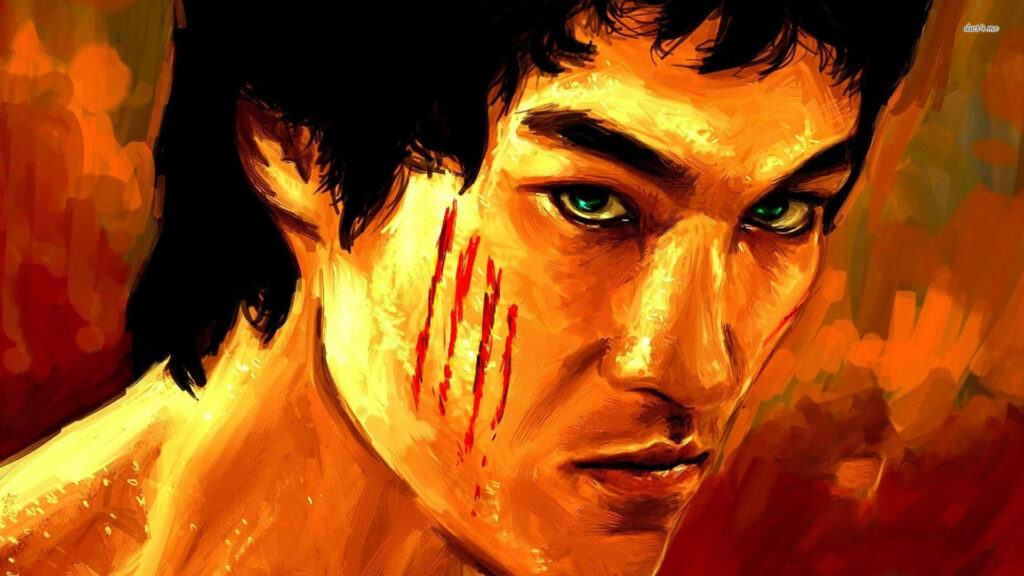 Vivid digital painting of Bruce Lee fierce expression green eyes claw scars fiery background wallpaper