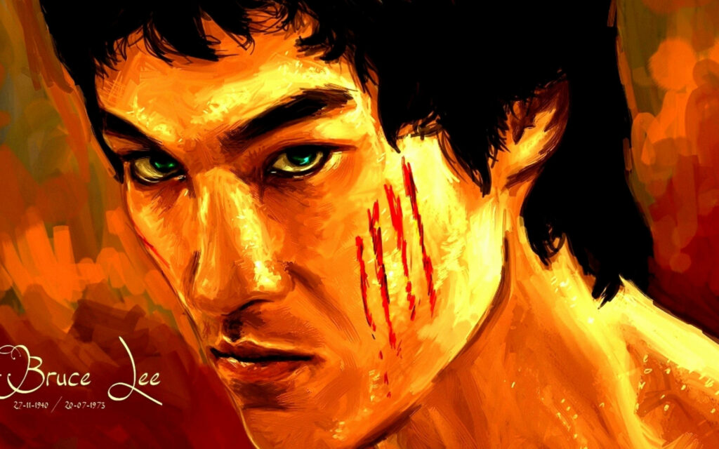 Bruce Lee digital painting wallpaper with warm orange tones and signature cheek scratch marks