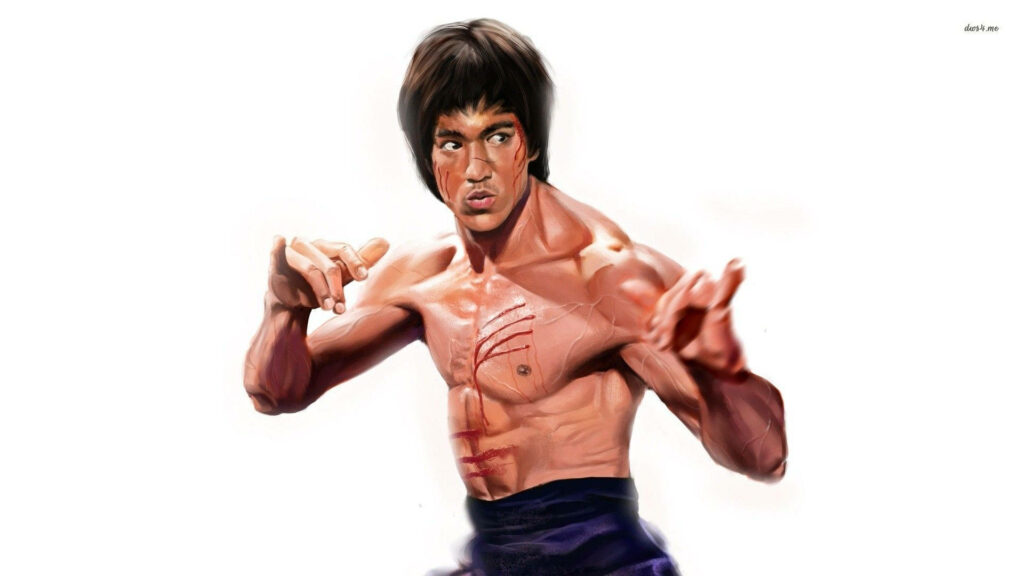Bruce Lee digital portrait intense expression martial arts stance detailed muscles white background Wallpaper