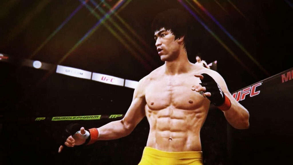 Bruce Lee in UFC octagon wearing yellow shorts showcasing muscular physique dynamic wallpaper