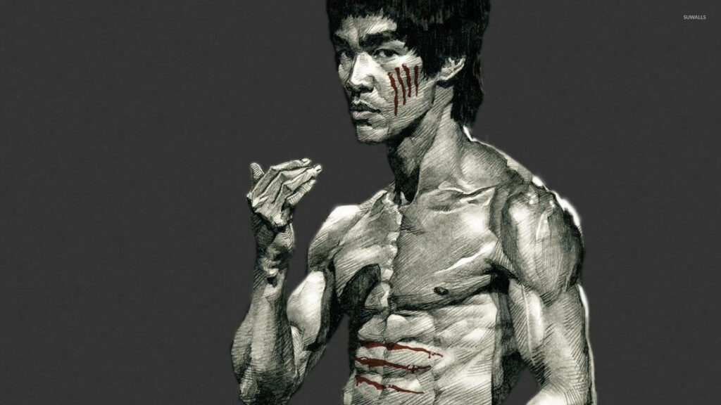Bruce Lee hand-drawn sketch wallpaper muscular pose red claw marks dark minimalist background