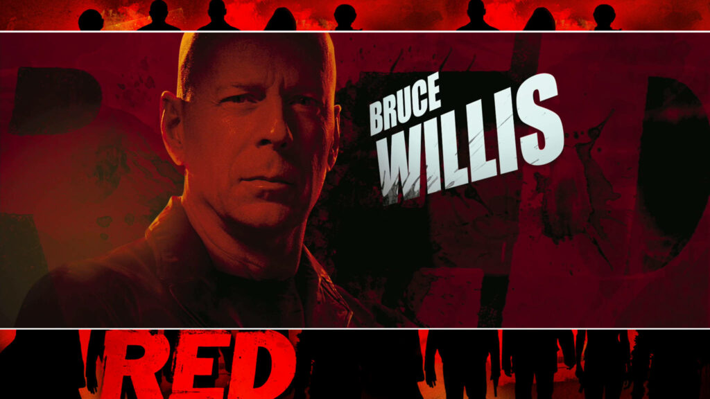 Bruce Willis confident pose red background intense RED movie wallpaper background image