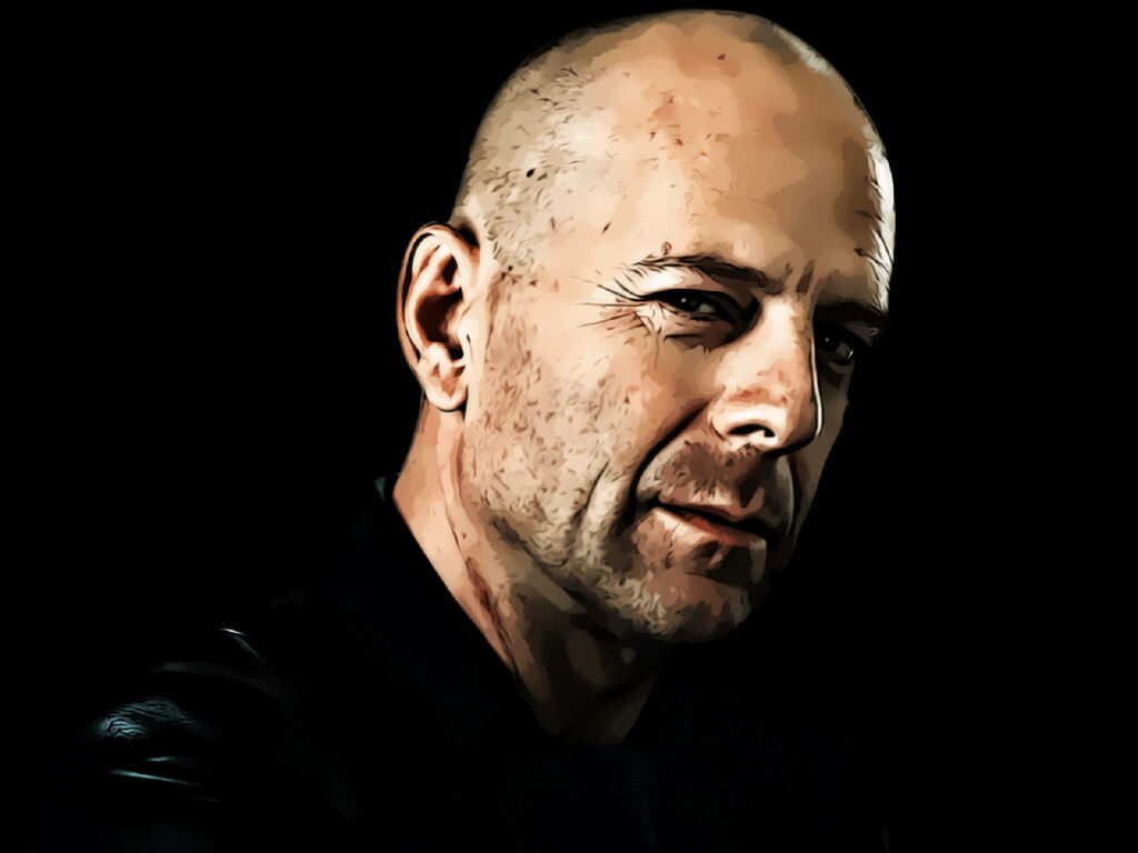 Vector art portrait of Bruce Willis with iconic expression on sleek dark wallpaper background
