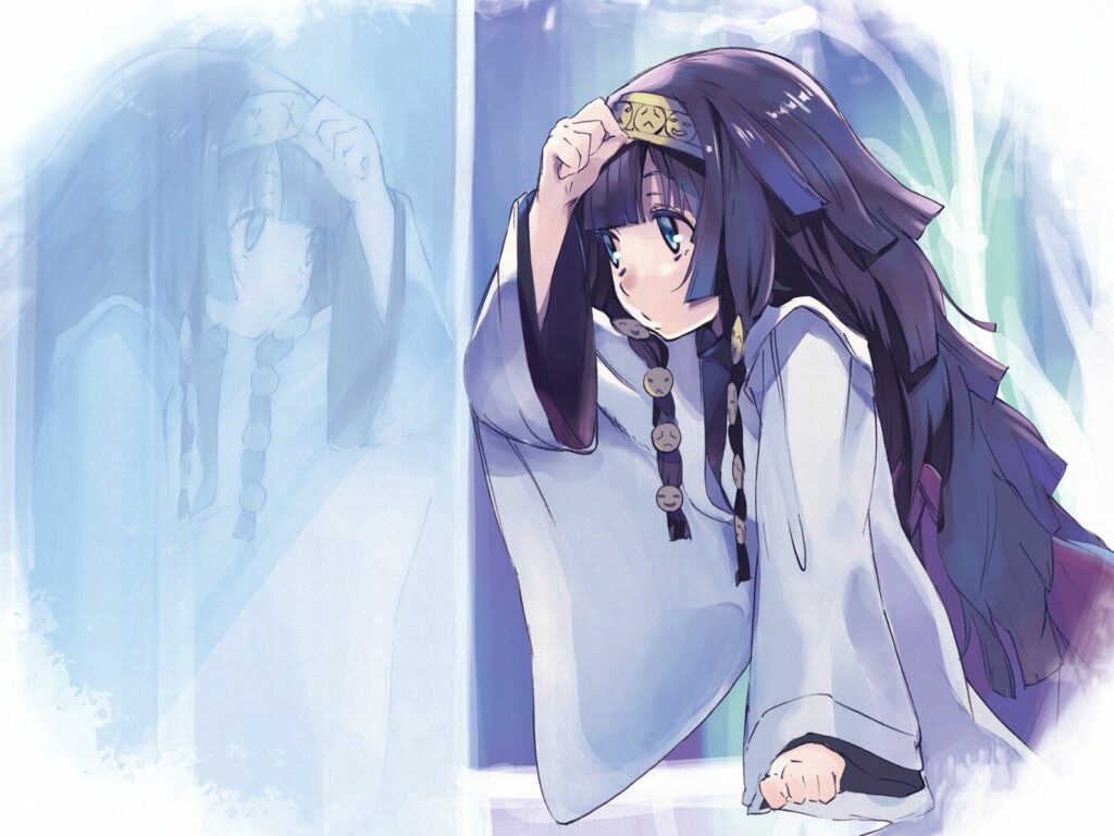 Curious Brunette Anime Girl Reflection - Dreamy Wallpaper Design