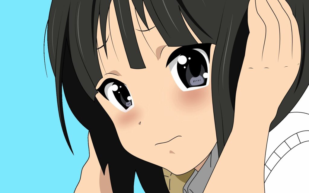 Brunette Anime Girl Close-Up Wallpaper: Expressive Eyes & Blue Background