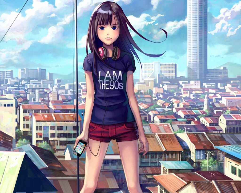 Brunette Girl on Rooftop: Urban Cityscape with Headphones & Phone Wallpaper