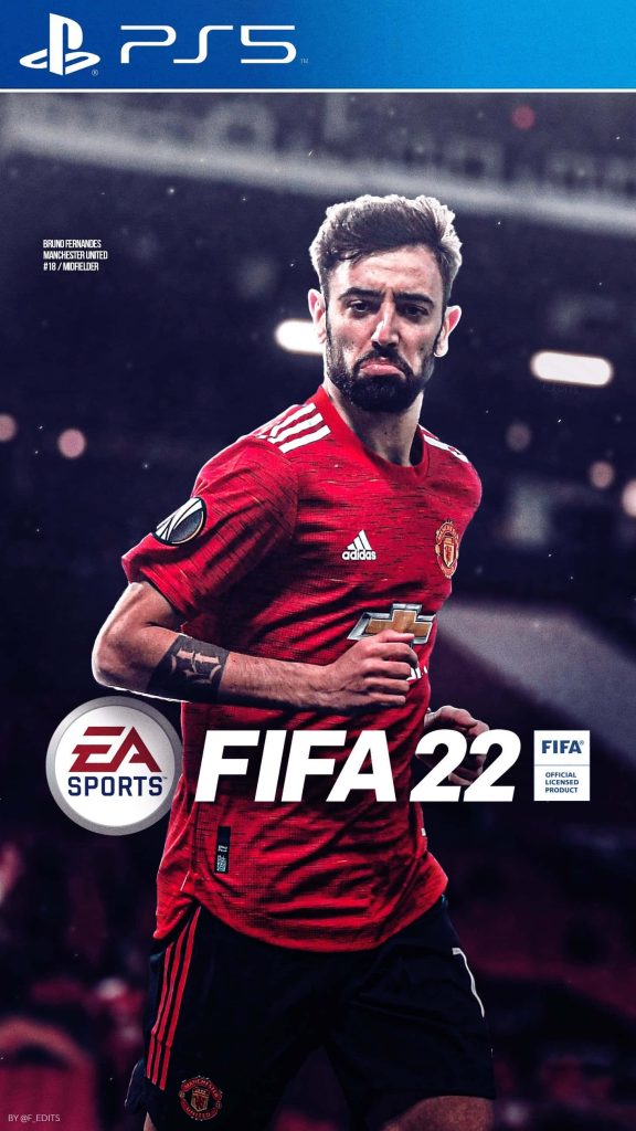 Bruno Fernandes Manchester United FIFA 22 wallpaper with stadium blur PS5 and EA Sports logos