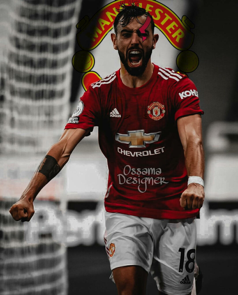 Bruno Fernandes Manchester United celebrating intense passion red kit club crest wallpaper background