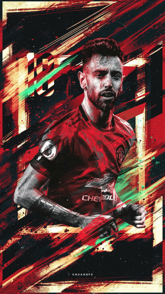 Bruno Fernandes Manchester United wallpaper dynamic red black art style intense focus sports