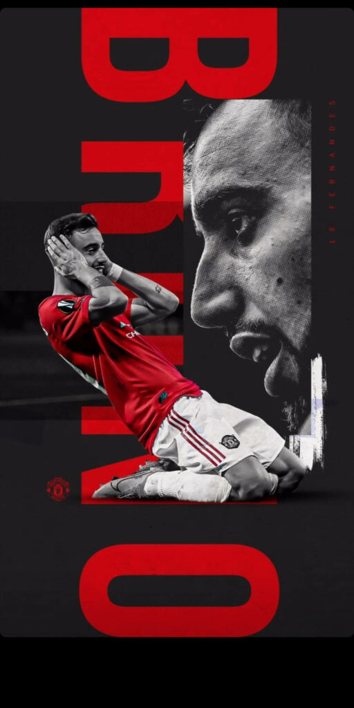 Bruno Fernandes celebrating in Manchester United red kit with bold red typography and grayscale portrait Wallpaper