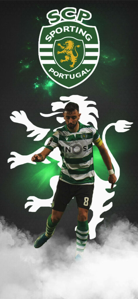 Bruno Fernandes Sporting CP wallpaper with green white kit dark background glowing crest lion smoke effects