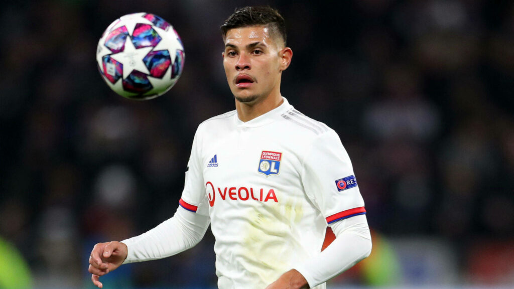 Bruno Guimarães Lyon kit watching ball focused intense football match high resolution wallpaper