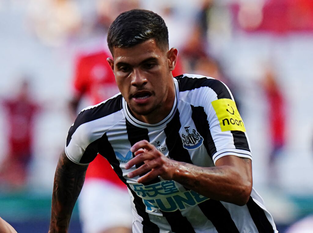 Bruno Guimarães Newcastle United intense close-up action run vibrant football wallpaper background