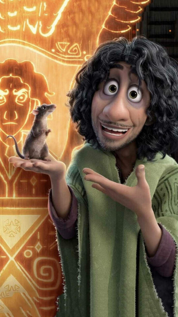 Bruno Madrigal holding rat with golden magical patterns Encanto Disney wallpaper background