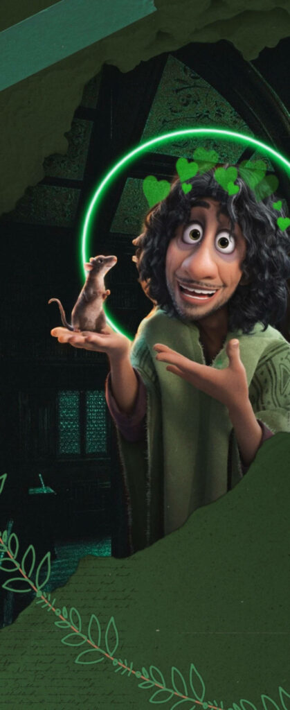 Bruno Madrigal holding a rat in green glowing magical Encanto wallpaper background