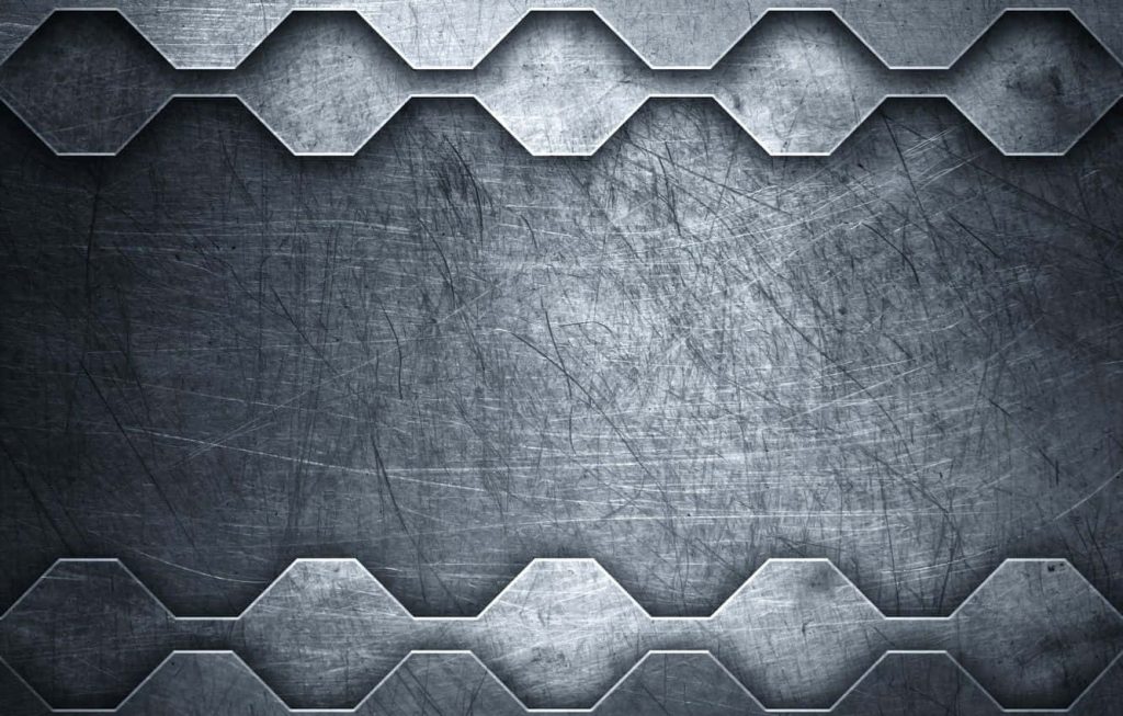 Industrial brushed steel wallpaper with scratched plate and wavy metallic geometric borders