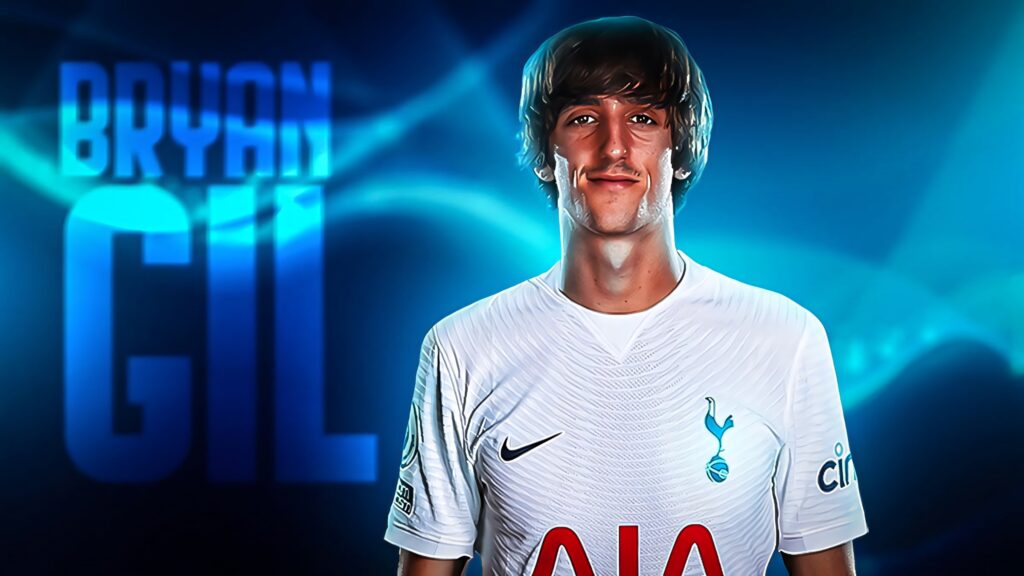 Bryan Gil Tottenham Hotspur wallpaper blue background glowing lights bold name sports fan design