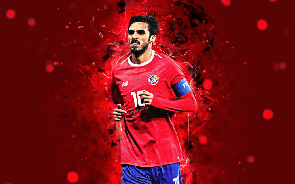 Bryan Ruiz Costa Rica football captain vibrant red jersey dynamic electric sports wallpaper background