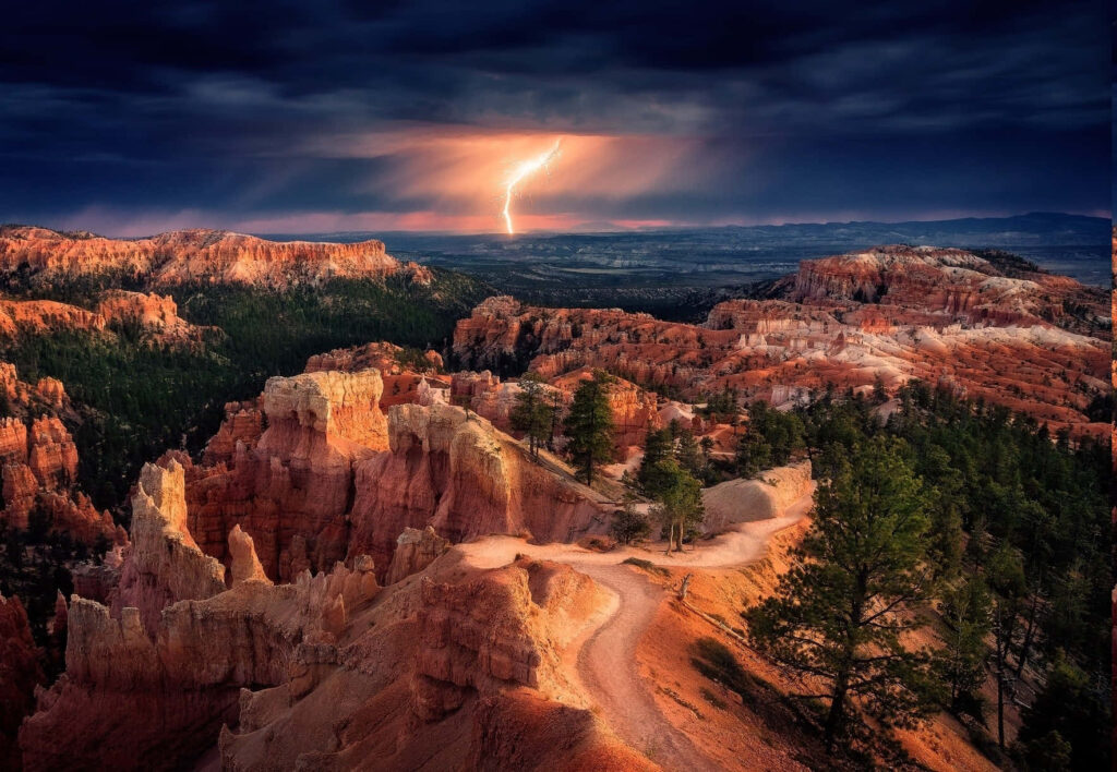 Bryce Canyon lightning strike over red rock formations stormy sky scenic national park view Wallpaper