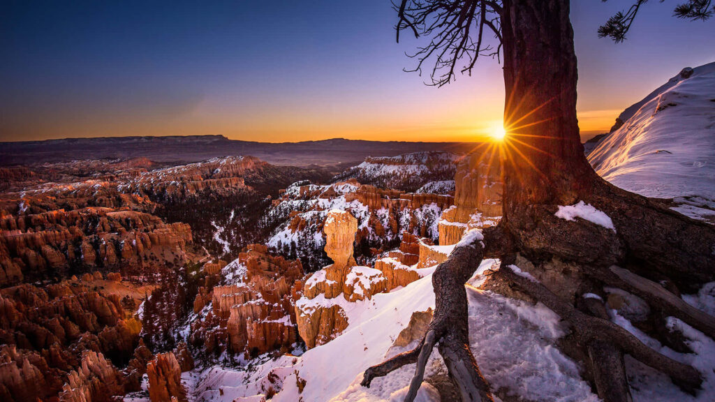 Sunset over snow-covered Bryce Canyon with illuminated hoodoos and vibrant orange purple sky Wallpaper