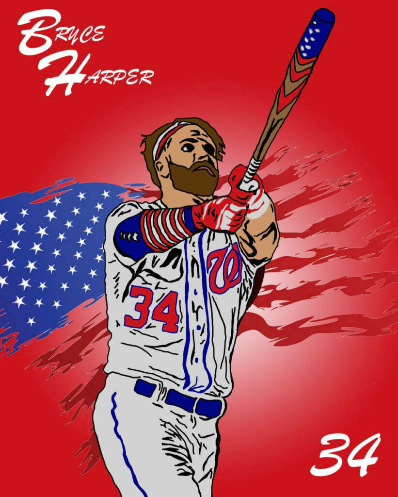 Bryce Harper swinging bat patriotic US flag wallpaper red background jersey number 34 dynamic sport