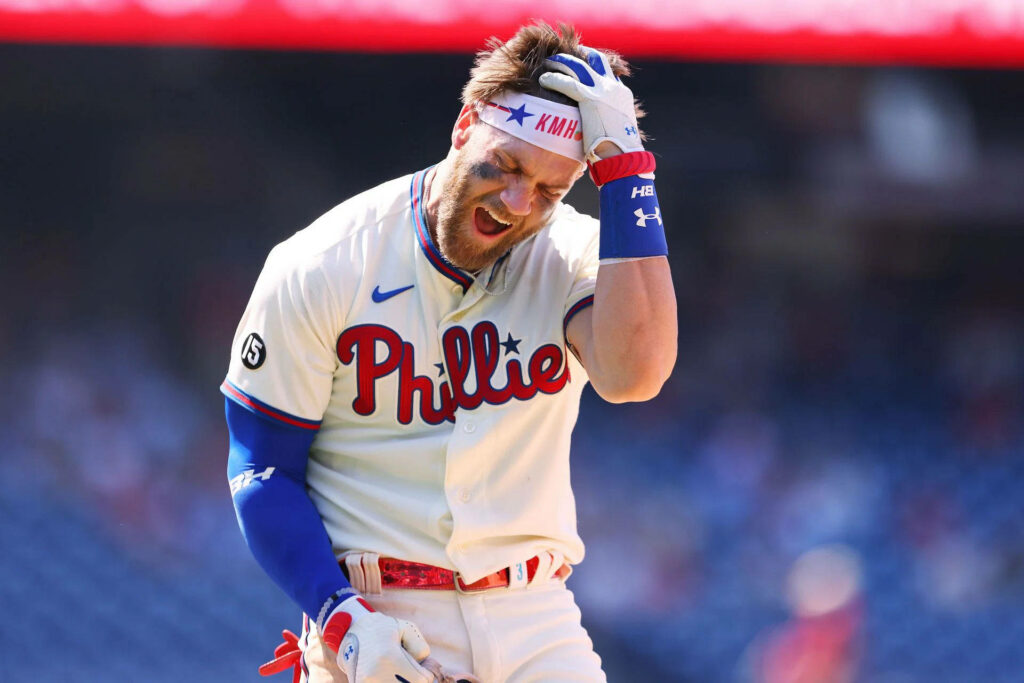 Bryce Harper Phillies intense game face high-res wallpaper with vivid lighting and signature headband