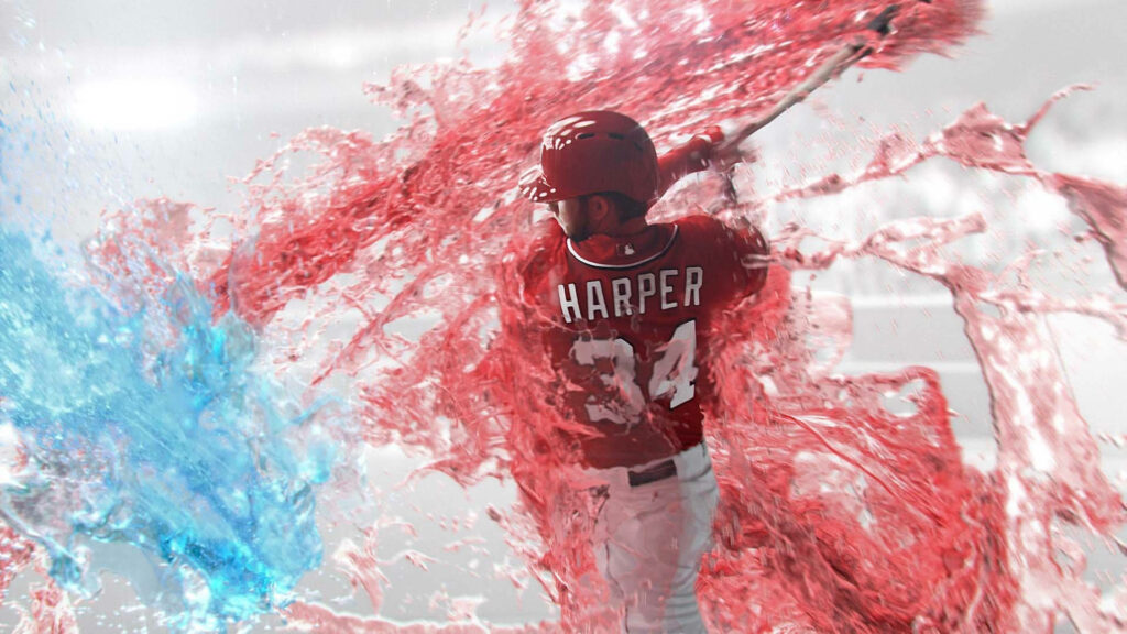 Bryce Harper mid-swing baseball wallpaper with vibrant red and blue water splash effects HD