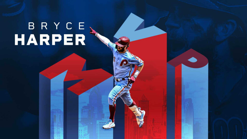 Bryce Harper Phillies MVP wallpaper in blue and red with cityscape background and dynamic pose