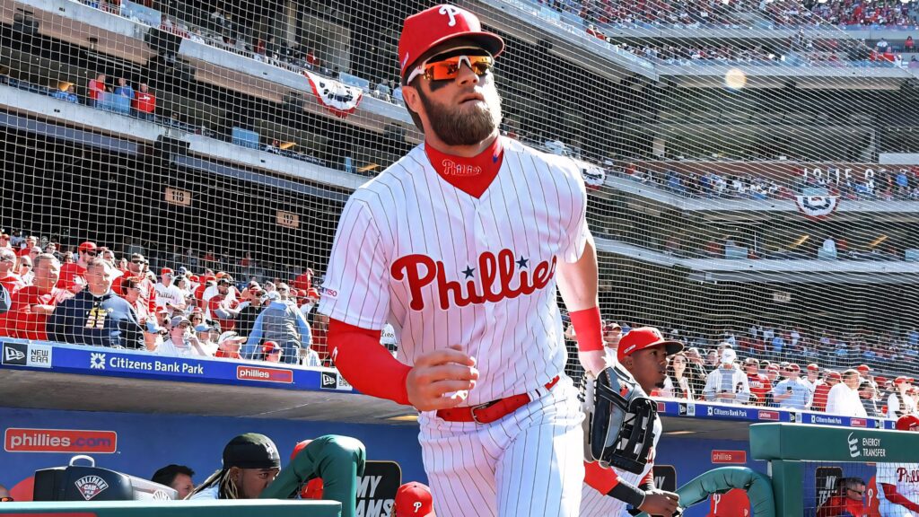 Bryce Harper Philadelphia Phillies stadium crowd vibrant red white game day high resolution action wallpaper