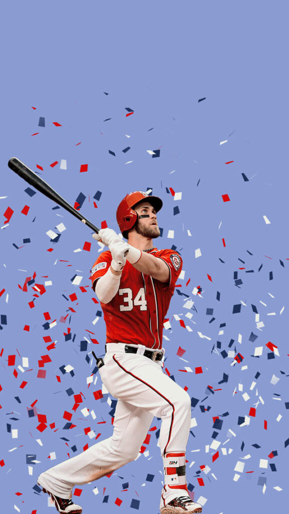 Bryce Harper Phillies swinging bat in red uniform vibrant red white blue confetti wallpaper