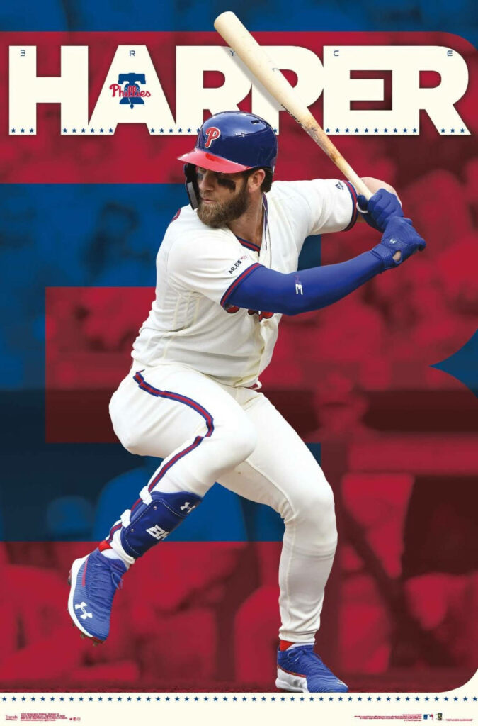 Bryce Harper batting in Philadelphia Phillies uniform with dynamic red and blue baseball background Wallpaper