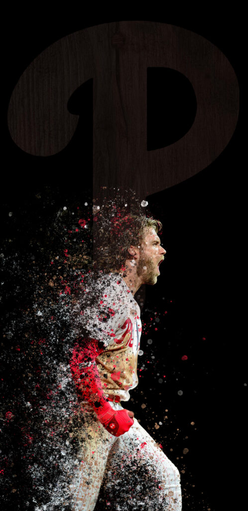 Bryce Harper celebrates MLB victory with dynamic splash and vibrant Phillies red white colors background Wallpaper